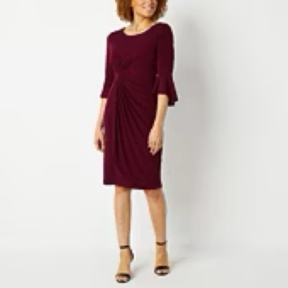 Connected Apparel Scoop Faux Wrap Cocktail Dress Wine Bell Sleeves Dark Plum red